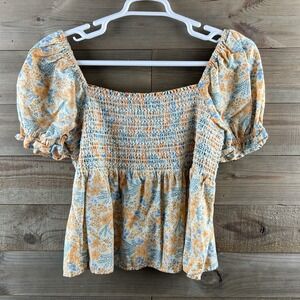 American Eagle Womens Shirt Smocked Crop Floral Puff Sleeve‎ Boho Preppy XL
